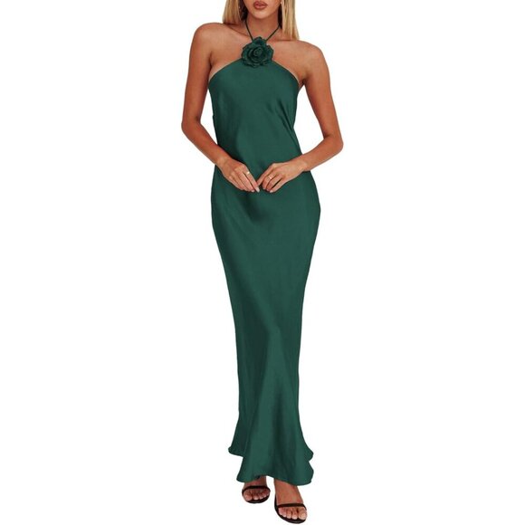 Dresses & Skirts - Women's Emerald Summer Silk Sleeveless Cocktail Formal Backless Long Maxi